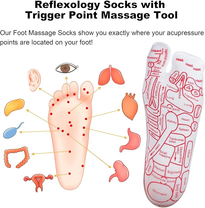 Reflexology Socks with Beginner Acupoint Massage Tools Set of 5 - Foot Pain Relief Remedy for Foot Massage Rod for Women and Men Tired Relieve (Woman-Small-Red)