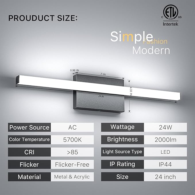24 Inch LED Bathroom Vanity Light Bar 5700K Dimmable Led Bathroom Light Over Mirror Modern Bath Wall Light Cool White ETL Certified 24W
