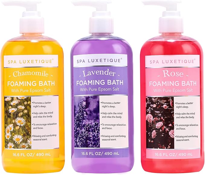Spa Luxetique Bubble Bath, Foaming Bath with Epsom Salt, Chamomile Rose and Lavender Scent Bathing Set, 3 Pack 49.8 fl oz Mothers Day Gifts Set for Women and Men
