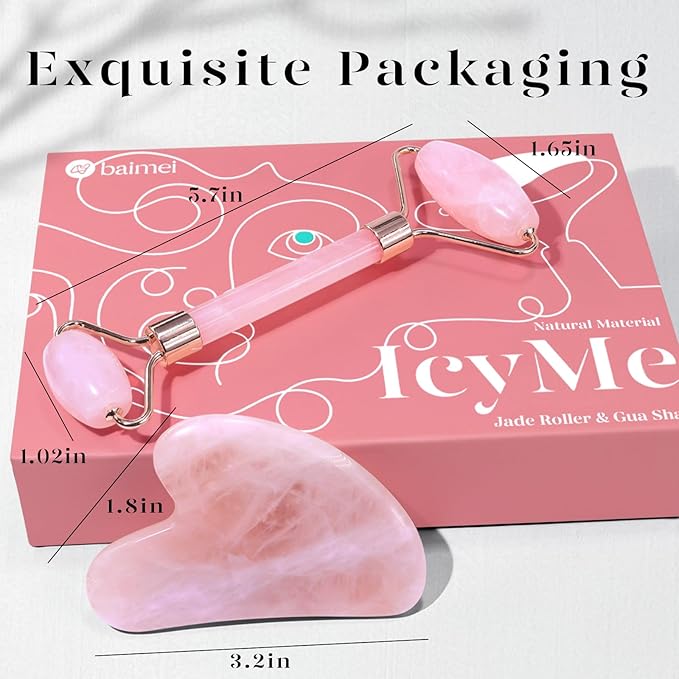 BAIMEI Rose Quartz Roller Set & Xiuyan Jade Gua Sha – Face Massager Tool and Guasha Tool for Face