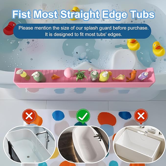 Splash Guard for Bathtub Kids, Silicone Bath Splash Guard Play Shelf, Tub Water Guards Longer Bath Toy Tray Holder, Bath Tub Splash Guard Prevent Water Spills in Bathroom (2.6FT, Pink)