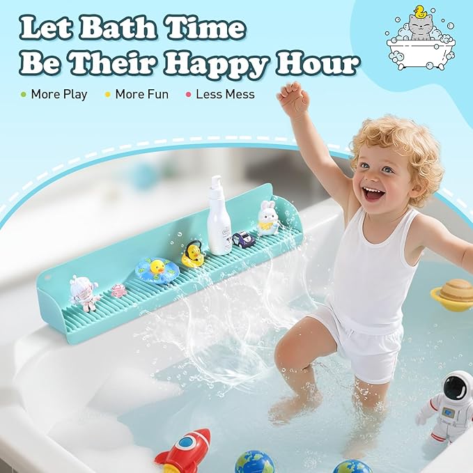 AGPTEK 24 Inch Bathtub Splash Guard with 10 Suction Cups, Silicone Tub Water Splash Guard for Bathtub, Bath Toy Tray Holder Play Shelf for Kids, Universal for Bathroom, Kitchen Sink (Green)
