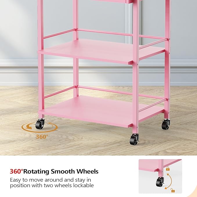 OmySalon Salon Trolley Cart with Wheels, Esthetician Cart with 1 Drawer & 2 Trays, Mobile Storage Organizer for Beauty Spa Massage Tattoo Esthetic Facial Tool Holder Station, Pink