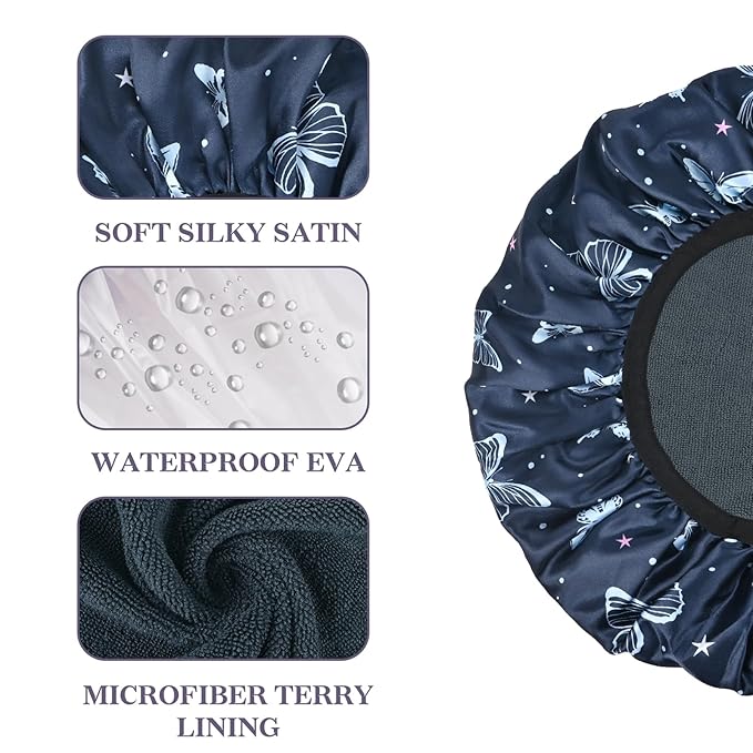 Blue Butterfly Print Satin Shower Cap, Three-Layer Terry Cloth Lined, with Silk Hair Ties, Microfiber Waterproof Reusable Large Size Shower Cap for Women Long Thick Hair
