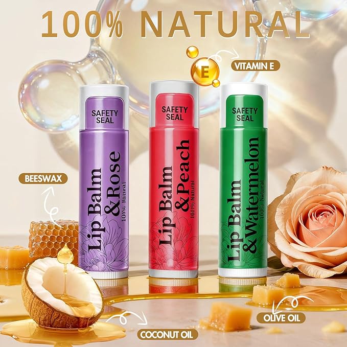 RBUGR 64 Pack Lip Balm - 12 Flavored with Coconut Oil Organic Natural Moisturizing Lip Balms for Dry Cracked Lips, Bulk Set Hydrating for Valentines Gifts (4.2g/0.15oz)