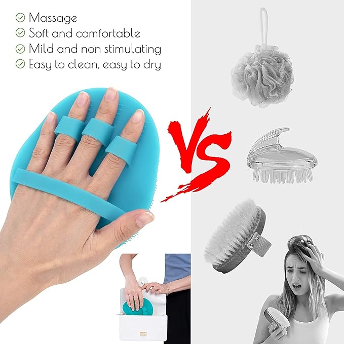 1 Pack Pure Silicone Food-Grade Body Brush Shower Cleansing Scrubber Gentle Exfoliating Glove Soft Bristles (Blue)