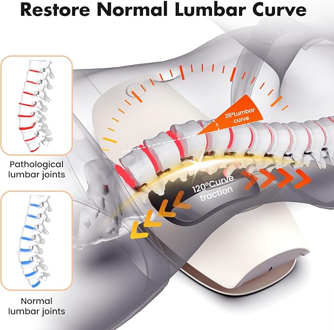 Lower Back Massager with Heat, Back Stretcher for Lower Back Pain Relief and Decompression, Spine-Smoothing Quadruple Fusion Back Massager, Lumbar Traction Device with Rocking Stretch & Height Adjust