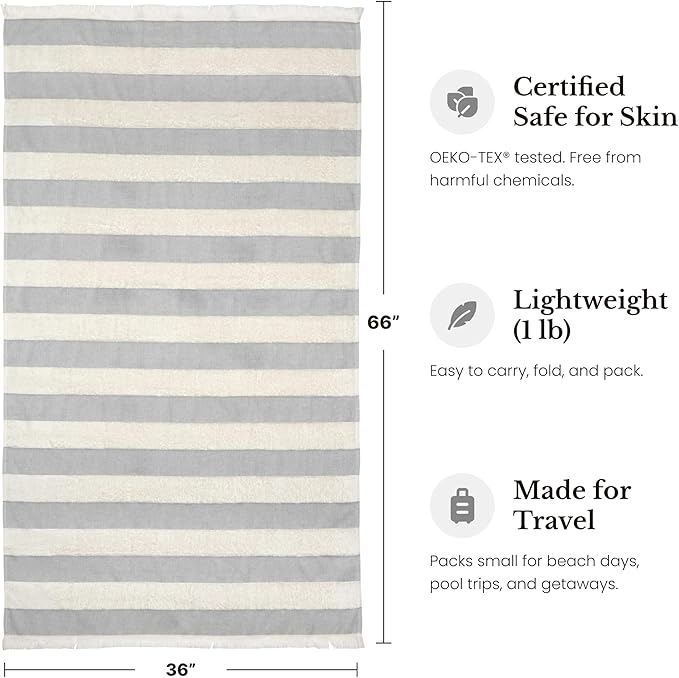Lightweight Turkish Beach Towel - 100% BCI Cotton, Unbleached Raw Fringe, Oeko-TEX Certified, Absorbent, Eco-Friendly, 36x66”, Gray & Natural Stripes, Portable Sarong Blanket for Pool, Travel
