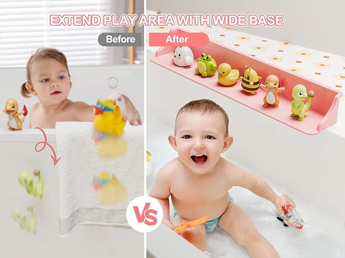 Cushore 3-Ft Bathtub Splash Guard PlayPad with Strong Suction Cups, Toy Tray Caddy Holder Storage, No-Leak, Mess-Free Bath Time for Kids, Pink