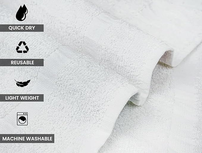 CH White Bath Towels Bulk Pack of 12 (22x44 Inches) – Pure Cotton Lightweight & Absorbent Towels for Airbnb, Hotels, Motels & Commercial Use