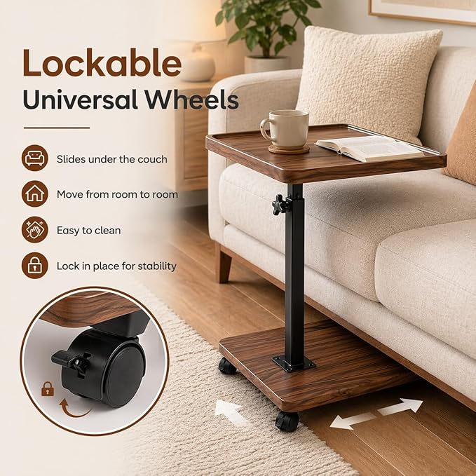 C Table End Table Adjustable Height,C Shaped End for Couch，Snack Tables,360°Swivel TV Tray Sofa Table,Tables that Slide Under,Coffee SideTable for Bed,Chair,Bath-tub,Outdoor(Walnut Color)