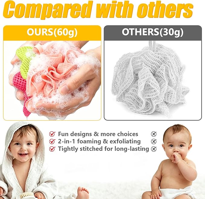 Kids Loofah, Cute Cartoon Animal Kids Bath Sponge with Hanging Rope, Soft Double Mesh for Rich Lather (Money Flower)
