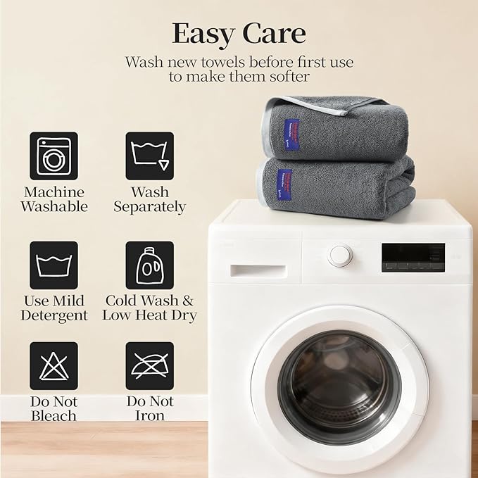 REDKISS 100% Cotton 2 Pack Luxury Bath Towels 27 x 54 Inches, Oversized Bath Towel Set, 600 GSM Ultra Soft Highly Absorbent Quick Drying Towels for Bathroom, Gym, Spa, Hotel, Light Grey