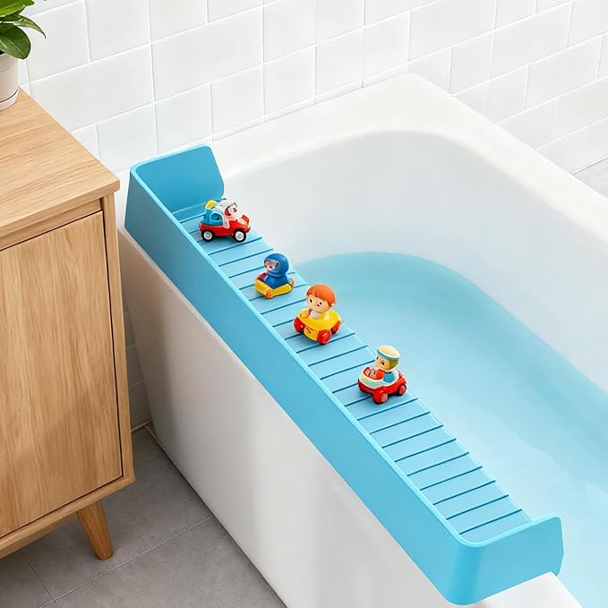 Bathtub Splash Guard for Kids,2.6 FT Silicone Bathtub Play Shelf with 11 Suction Cups, Bath Tub Ledge Shelf for Kids, Prevents Water Spills in Bathroom (Blue)