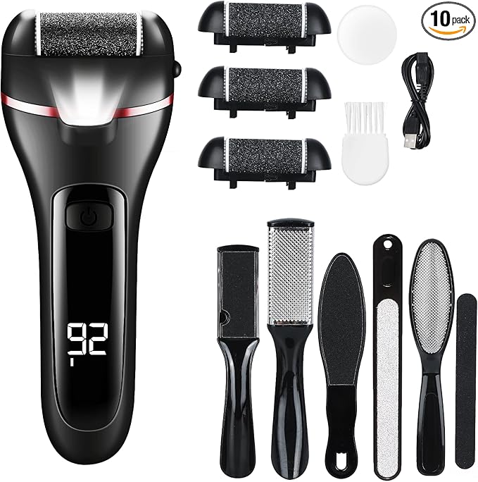 zikillya® Electric Foot Callus Remover, 16 Pack Foot File Pedicure Kit Tools,Waterproof Foot Scrubber Dead Skin Remover with 3 Roller Heads & 2-Speed Power Pedicure Tools for Feet Hands Heel (Black)