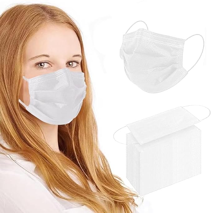100Pcs White Disposable Face Mask, 3 Ply Masks with Soft Elastic Ear loops