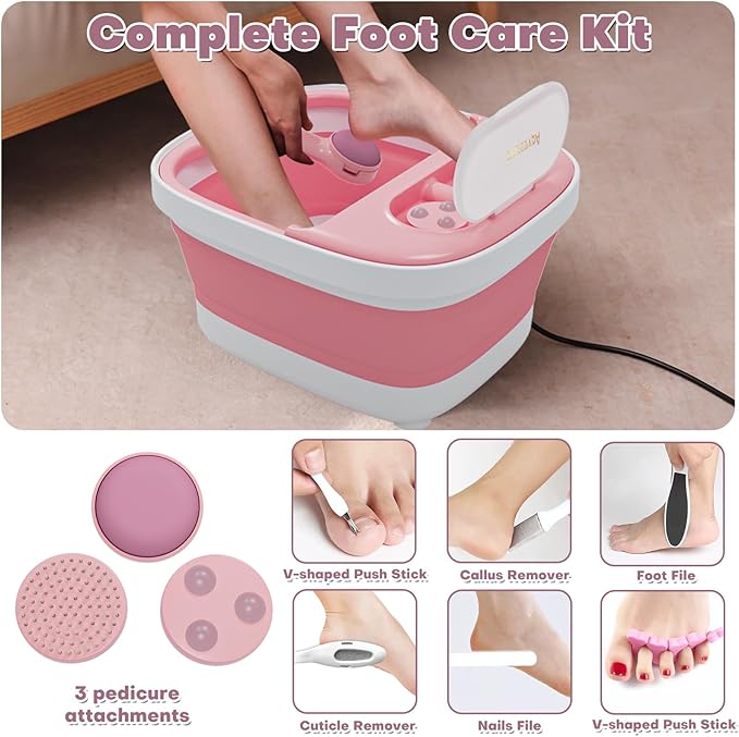 Collapsible Foot Spa Bath Massager with Heat, Remote, Temperature Control, Timer, Foot Soaking Tub with Pedicure Kit & 3 Attachments, Pedicure Foot Spa for After Work Relaxation (Pink)