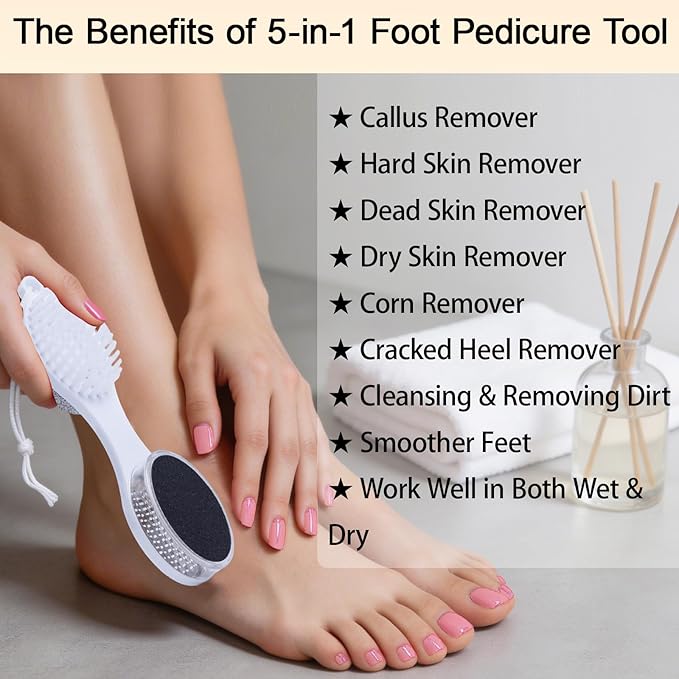 Foot Scrubber Brush with Pumice Stone for Feet 5-in-1, 3Pcs Foot File Callus Remover Pedicure Tool, Stainless Steel Feet Scraper, Cleaning Brush & Sand Paper Debris Catcher, Soft Smooth Feet