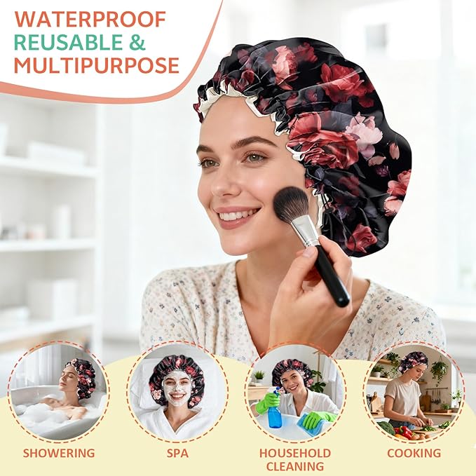 Shower Cap Reusable Double Layer Adjustable Elastic Waterproof EVA Hair Bath Caps for Women Girls Cute Aesthetic-Rose