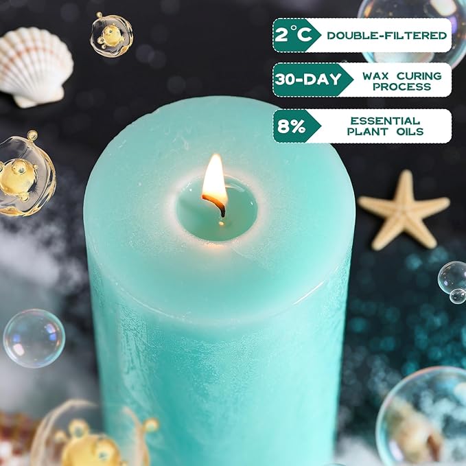 Ocean Breeze Scented Pillar Candle - 2.8x6 Inch, 75-Hour Burn, Textured Blue Coastal Candle with Sea Salt & Driftwood Fragrance, Luxury Air Freshening Aromatherapy Pillar for Home Relaxation