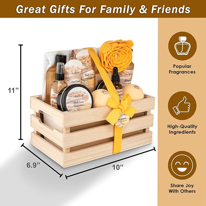 Aqua Elegante Full Spa Gift Set - 15 Piece Premium Bath Basket with Wash, Bubbles, Lotion, Salts, Body Scrub, Towel, Shower Puff, Bathbombs, Reusable Basket, Gifts for Women - Honey & Almond