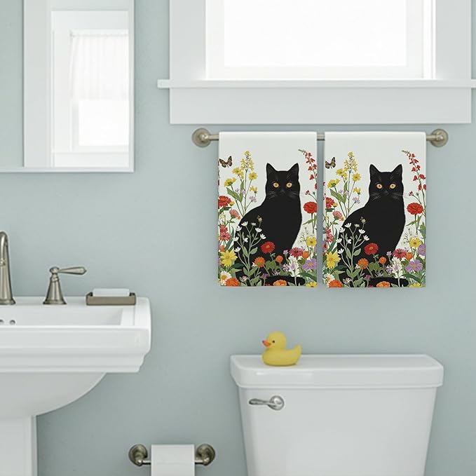Accnicc 2 Pack Black Cat Bathroom Hand Towels Decorative Spring Floral Dish Kitchen Towel 16x27 Inch Botanical Colorful Wildflowers Butterfly Absorbent Soft Microfiber Bath Towels Hotel Spa Decor