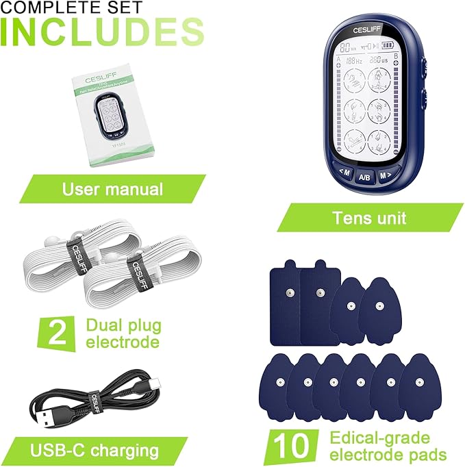 CESLIFF Dual Channel TENS EMS Unit Large Screen 24 Modes 36 Levels Intensity Muscle Stimulator, Rechargeable Electric Pulse Massager TENS Machine for Lower Back Neck Shoulder Pain Relief with 10 Pads