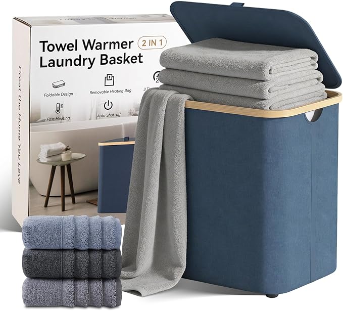 Towel Warmer & Laundry Basket 2-IN-1, Foldable Towel Warmer for Bathroom with Removable Heating Bag, 20/40/60Mins Fast Heating, Auto Shut-Off, Portbale Towel Warmer Fits 3 Large Towels Blankets - Blue