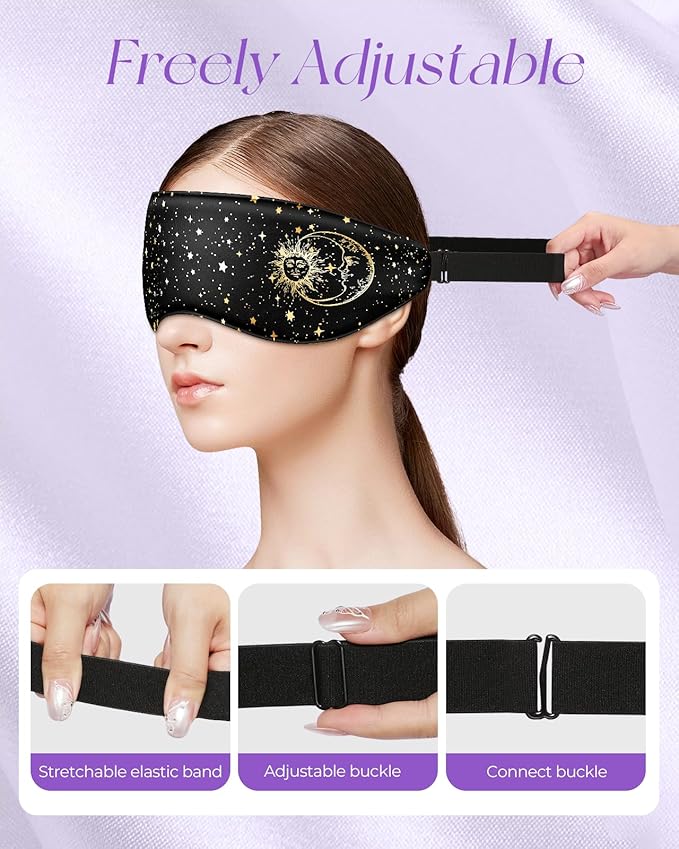 Miss Adola Silk Weighted Eye Mask - Microwave Eye Mask Heat and Cold Warm Compress for Sleeping Dry Eyes Pillow Soft Smooth Lavender Mulberry Silk Sleep Mask for Women Wife Mom - Black Sun Moon