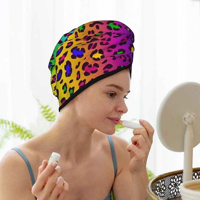 Rainbow Leopard Hair Towel Wrap Absorbent Hair Drying Towel Microfiber Hair Drying Cap Turban for Drying Curly Long Thick Hair