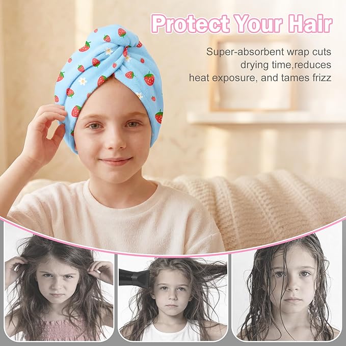 Microfiber Hair Towel Wrap for Kids Hair Drying Towel Wrap with Button 2 Pack Wet Hair Towel Wrap Head Towels Wrap for Girls