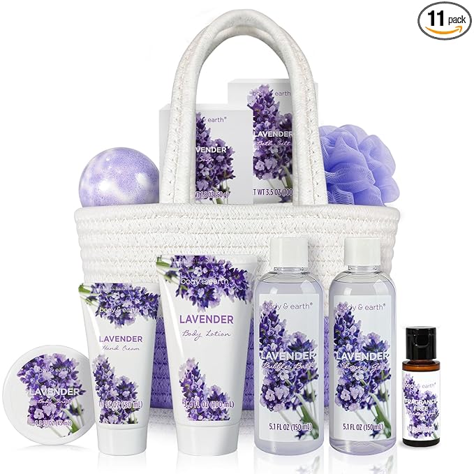 BODY & EARTH Spa Gift Baskets for Women 11pcs Lavender Gift Sets with Bubble Bath, Shower Gel, Body Lotion, Mom Birthday Gifts, Spa Kit, Purple Gift for Her, Mothers Day Gifts for Mom