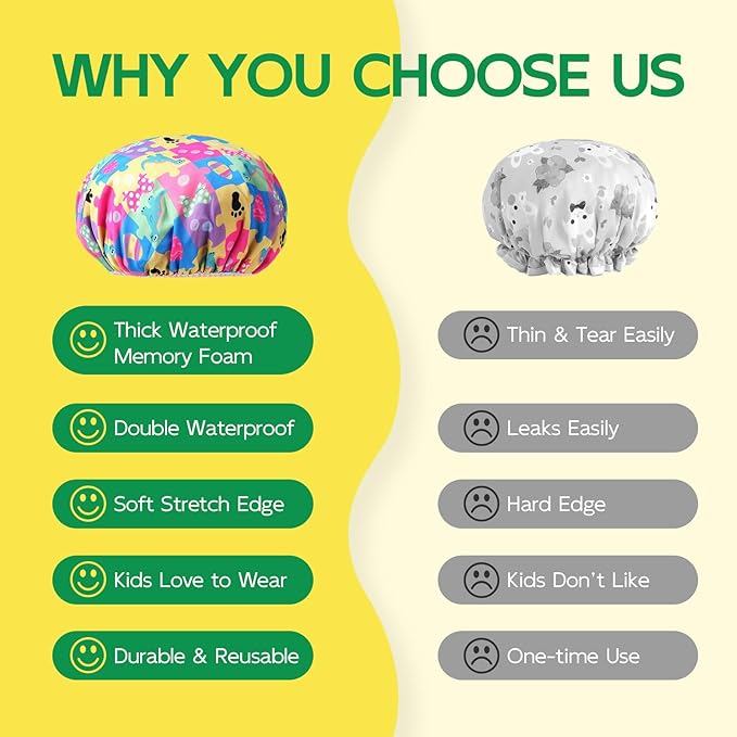 Years calm Kids Shower Cap, Waterproof Reusable Cartoon Bath Cap with Double Layers & Soft Elastic Band, Washable shower cap for kids, Great for Daily Bath(multi-colored, One Size)