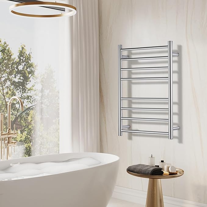 Electric Heated Towel Warmer - Wall Mounted Bathroom Towel Rack, Plug-in Design & Brushed Stainless Steel Finish 8 Bar (Polished)