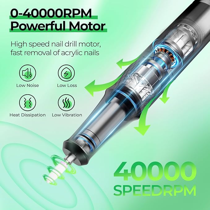 JOSGLOI Electric Nail Drill Professional: 40000RPM Electric Nail File Kit E File Nail Drill Machine with LCD Display for Acrylic Gel Nail, Manicure Pedicure Polishing Nail Grinder for Salon Home Use