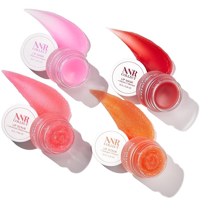 ANRCOLLECT Lip Scrub & Lip Mask - Overnight Treatment Lip Care Kits with 2 Lip Exfoliator & 2 Sleeping Lip Balm, Intense Hydration Lip Set for Dry Chapped Cracked Lips, Exfoliate & Moisturize (4 Pack)
