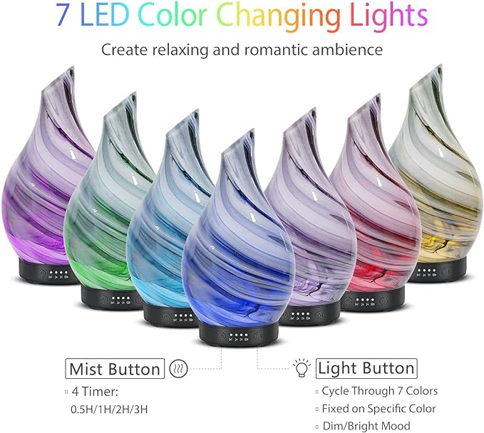 Essential Oil Diffuser Aromatherapy Diffuser - Art Glass Oil Diffuser with Auto Shut-Off Protection 4 Timer Setting 7 Colors Changed LED Night Light for Home Office Decor Gift (Grey Wave)