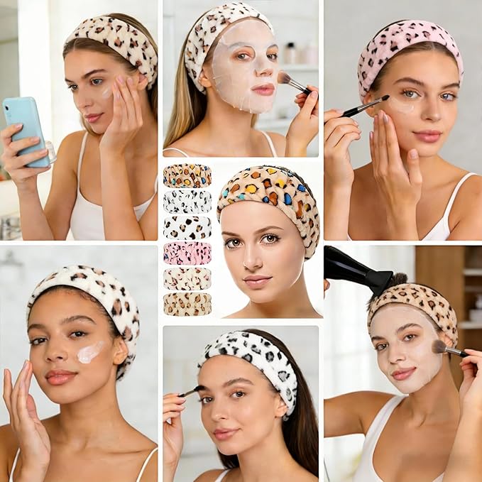 hexiaoxiao 6 Pack Microfiber Spa Headband Elastic Skin-Friendly No Slip Hairband for Women Face Wash Skincare Yoga Makeup Daily Use (Leopard & Polka Dot Patterns)