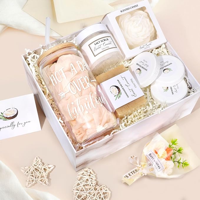 Mothers Day Gifts for Mom, Spa Gift Baskets for Women, Sweet Coconut Birthday Gifts Baskets for Women, Spa Kit Box, Bath and Body Relaxing Gift Set for Mother Wife Sister Friends with Glass Cup