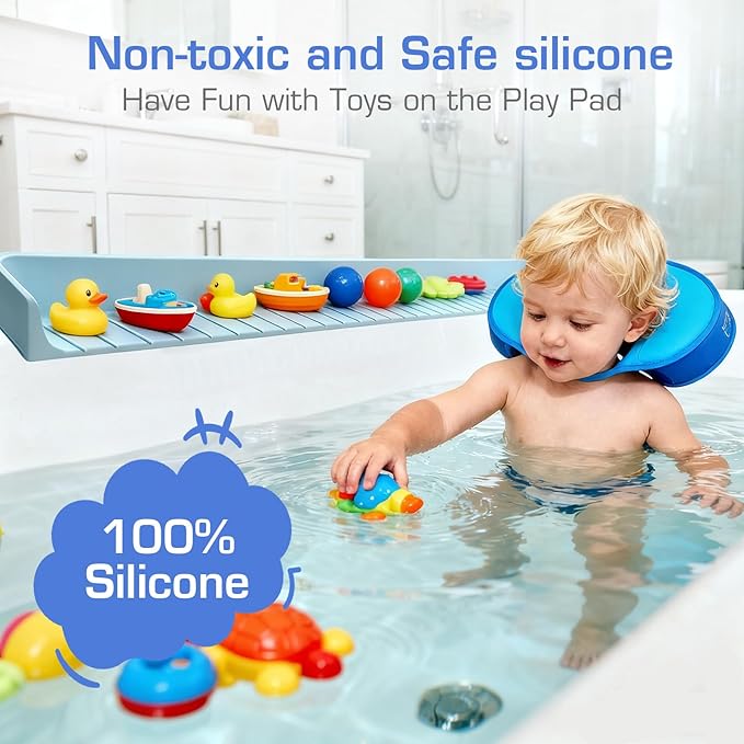 31.5" Bathtub Splash Guard for Kids & Toddlers - Silicone Play Shelf & Toy Storage Tray with Strong Suction Cups to Prevent Water Spills, No-Leak Fun Bath Time - Tub Toy Holder Ledge,Blue