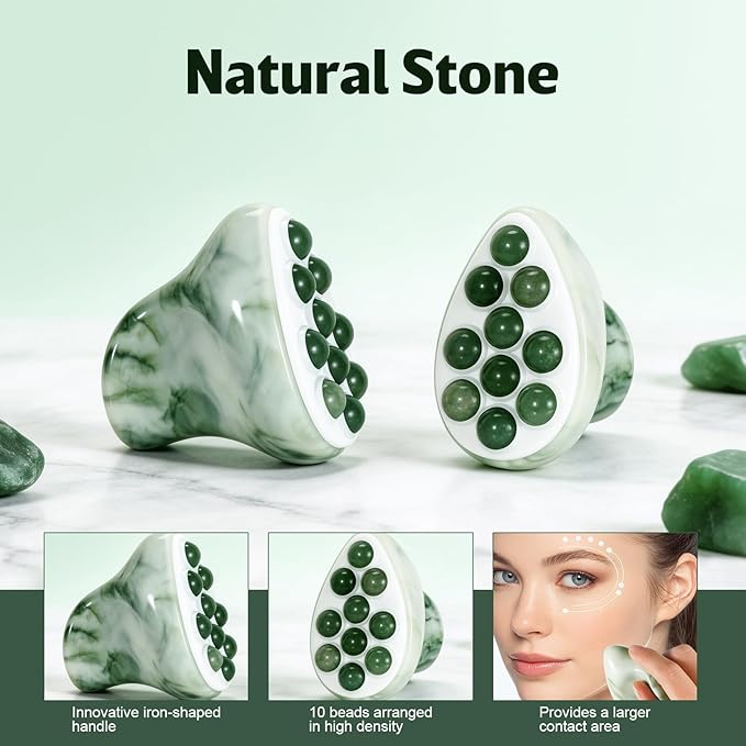 Jade Roller for Face, Gua Sha Facial Tool, Ice Eye Massager for Puffy Eyes & Dark Circles, Cold Skin Care Face Roller, Lymphatic Drainage Stone Massager, Neck Chin Jaw Line Lifting (Green)