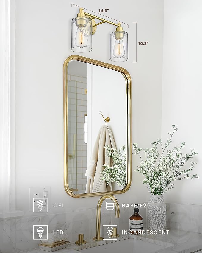 FEMILA Champagne Gold Bathroom Vanity Light, 2-Light Vanity Lighting fixtures, Modern Wall Sconce Bathroom Lighting with Claer Glass Shade, 4FYC56B-2W BG