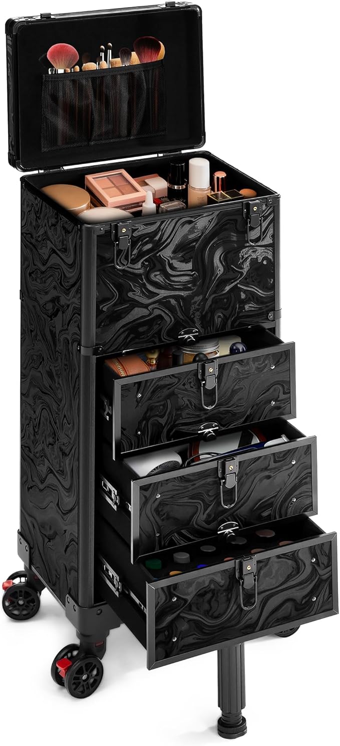 Rolling Makeup Train Case with 3 Drawers, Nail Trolley Cart Salon Station Cosmetology Case on Wheels Organizer Cases for Nail Tech,SPA,Face Painting,Hairstylist,Makeup Artist (Ink Black)