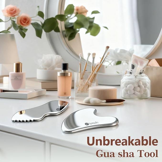 2Pcs Stainless Steel Gua Sha Facial Tools,Face and Body Skin Massage,Scraping Tools for Jaw Lift Massager,Puffiness Reduction,Lymphatic Drainage & Skin Tightening, Mother’s Day Gift, Summer Skin Care