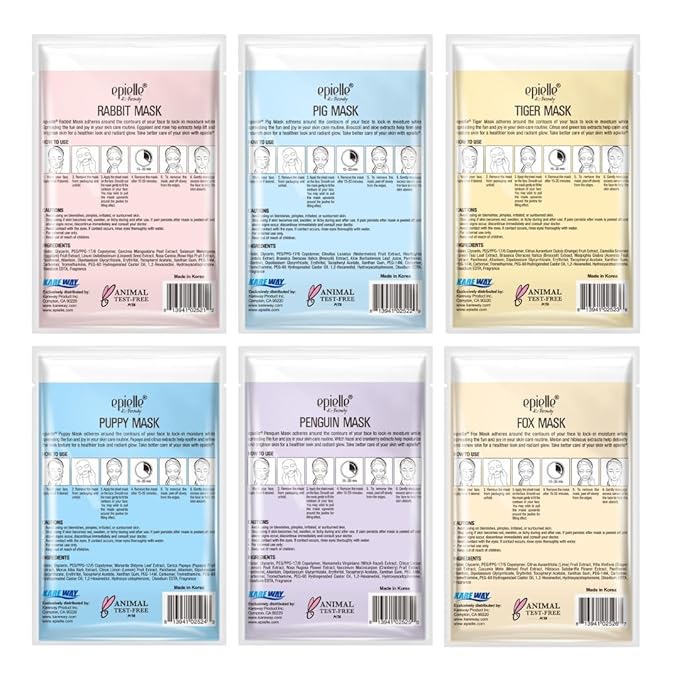 Epielle Character Face Mask Fuzzy Friends 6 Pack, Fun & Effective Korean Skin Care, Spa Party Favors, Mothers Day Gifts, Birthday Gifts for Women, Self Care Gifts