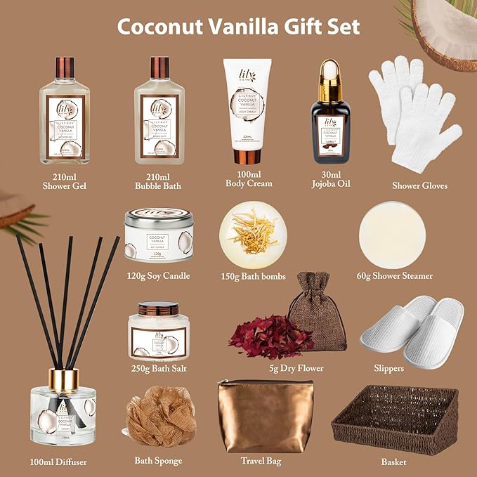 Mother's Day Gift Basket for Mom, Spa Gift Basket for Women, Gifts for Women, Coconut Vanilla Bath and Body Spa Gifts for Women & Men, Spa Gift Set Designed for Fathers Day, Birthday, Christmas Gifts