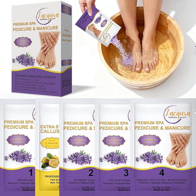 Deluxe Pedicure Kit 5 Step Spa Set – Epsom Salt Soak, Callus Remover Gel, Sugar Scrub, Collagen Mask & Shea Butter Lotion – Professional At Home Foot Care (Lavender, 40 Sets)