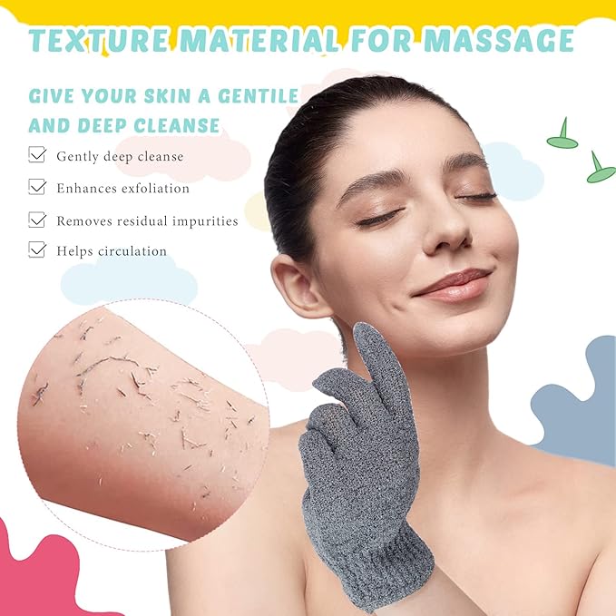 4 Pack Exfoliating Washcloth Back Scrubber Set, 2 Exfoliating Body Scrubber Nylon Back Body Scrub Towel, 2 Pairs Shower Gloves for Women Men Bath Shower Exfoliation(Gray, Beige, White)