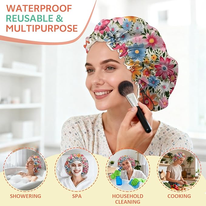 Shower Cap Reusable Double Layer Adjustable Elastic Waterproof EVA Hair Bath Caps for Women Girls Cute Aesthetic-Flowers