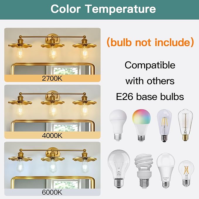 ZGLAOJT 3 Light Vintage Vanity Light Gold Bathroom Light Fixtures Over Mirror.